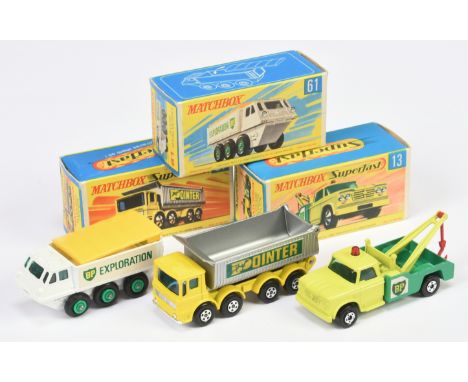 Matchbox Superfast group (1)13a Dodge Wreck Truck - dark yellow cab, green rear body with dark print BP labels, red plastic h