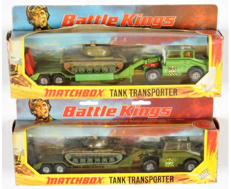Matchbox Battle Kings K106 Tank Transporter pair (1)&nbsp; metallic jade green transporter with dark amber windows, red plast