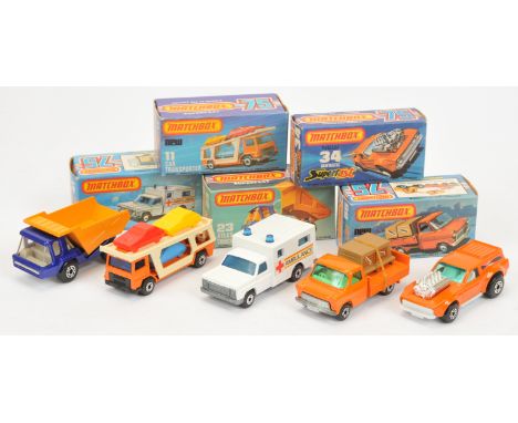 Matchbox Superfast group (1) 11c Bedford Car Transporter (2) 23b Atlas Tipper Truck - metallic dark blue cab & chassis, orang