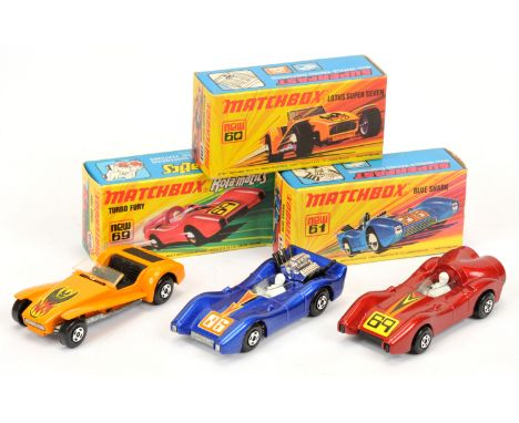 Matchbox Superfast group of Cars. (1) 60b Lotus Super Seven - orange body with flame hood label, clear windscreen, black inte