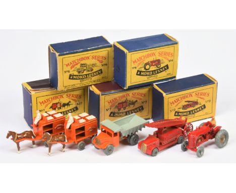 Matchbox Regular Wheels group of early models (1) 7a Horsedrawn Milk Float - orange float with white trim, type A horse with 