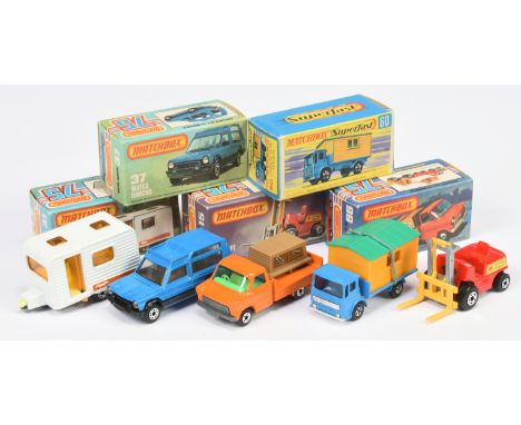 Matchbox Superfast boxed group to include 15e Fork Lift Truck; 31c Caravan;, 37e Matra Rancho - blue body and base, black int