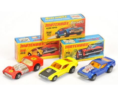 Matchbox Superfast group of early 1970's issue Cars. (1) 10b Ford Mustang Piston Popper - metallic dark blue body, dark amber