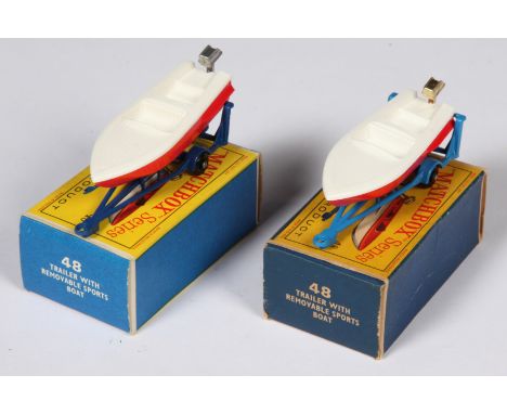 Matchbox Regular Wheels 48b Sports Boat &amp; Trailer pair (1) - dark blue trailer with type C towing bracket, red boat with 