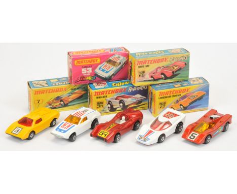 Matchbox Superfast group of 1970's issue Cars. (1) 7b Hairy Hustler - metallic bronze body, blue background racing number 5 s