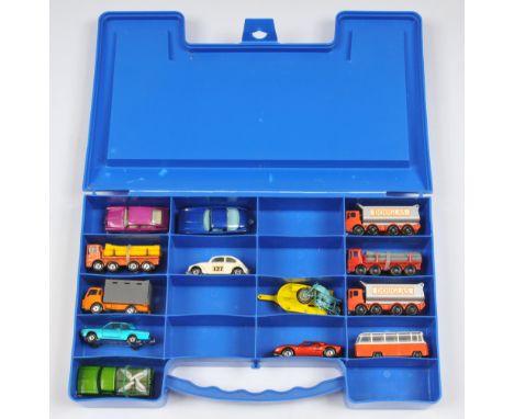 Matchbox Superfast 18-car plastic dark blue case illustrating 12 x various mid 1980's Superfast models; containing 13 x Super