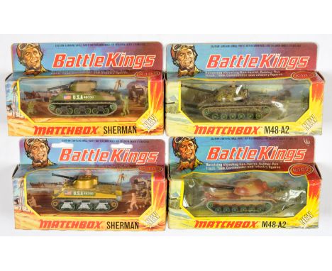 Matchbox Battle Kings group of Tanks. (1) K101 US Army Sherman Tank - metallic gold body, metallic silver base; (2) similar b