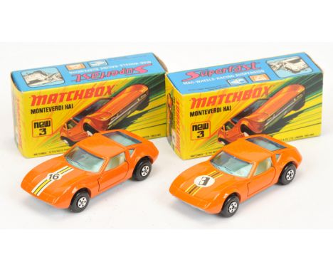 Matchbox Superfast 3b Monteverdi Hai pair (1) orange body with racing number 3 hood label, light blue windows, ivory interior