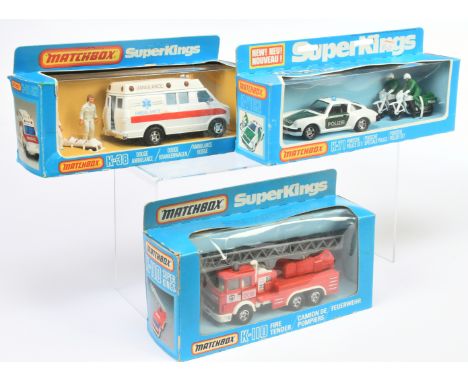 Matchbox SuperKings, an Emergency Service Group to include, K-38 Dodge Ambulance, K-71 Porsche Police Set and K-110 Fire Tend