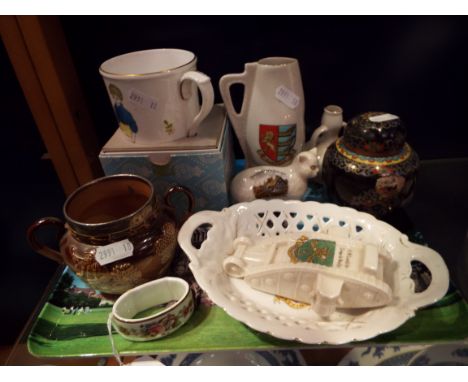 A boxed hand-painted Royal Worcester Birthday mug, a Doulton stoneware harvest twin handled pot with silver collar, a Grafton
