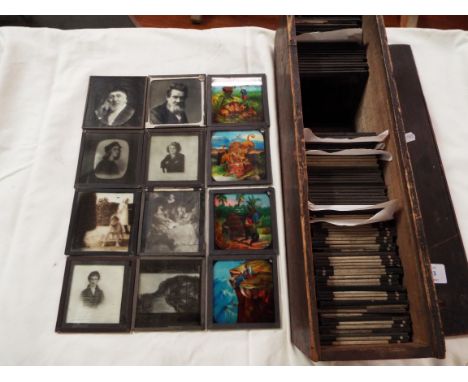 A box of assorted black & white and coloured glass 3 1/4" lantern slides to include portrait, scenic, architectural, religiou