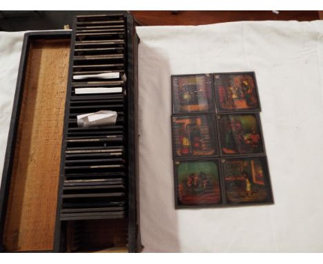A mixed selection of vintage glass 3 1/4" lantern slides to include coloured ones, of Celestial's & Barbarians Oriental scene