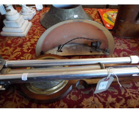 A walnut case aneroid barometer with thermometer above together with a polished alloy 'Fotonar' tripod