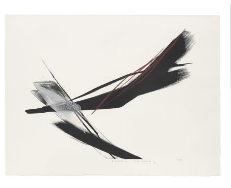 Shinoda Toko (1913-2021)Heisei era (1989-2019), 1992A lithograph on paper with red and black sumi ink strokes, titled Prelude