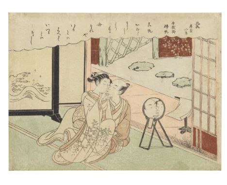 Suzuki Harunobu (1725-1770)Edo period (1615-1868), circa late 1760sA chuban yoko-e erotic print of Tenugui no kihan (Returnin