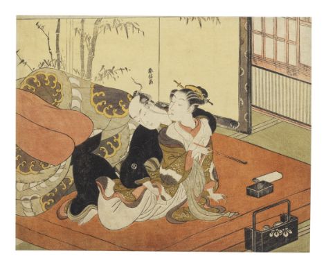 Suzuki Harunobu (1725-1770)Edo period (1868-1912), circa late 1760sA chuban yoko-e erotic print, depicting a man and woman se