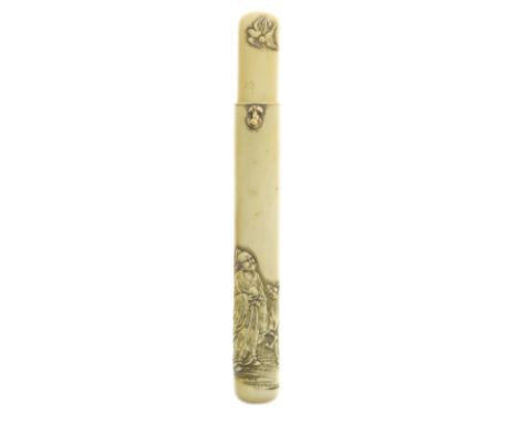 An ivory kiseruzutsu (pipe case)By Joho, Edo period (1615-1868) or Meiji era (1868-1912), 19th centuryOf muso-zutsu form, car