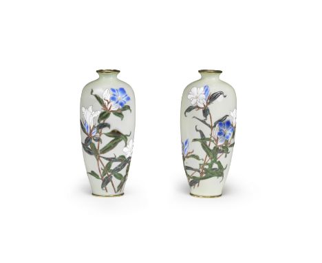 A pair of cloisonné-enamel moriage slender baluster vasesBy Hattori Tadasaburo (died 1939), Meiji (1868-1912) or Taisho (1912