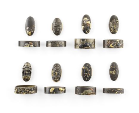 Eight fuchi-gashira (hilt collars and pommels)Edo period (1615-1868), 18th to 19th centuryAll of shibuichi, decorated in a va