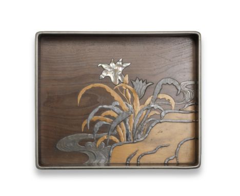 An inlaid wood rectangular deep Midare-bon (tray)Edo period (1615-1868), early/mid 19th century Decorated in gold and pewter 