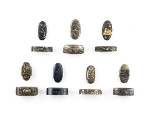 Seven fuchi-gashira (hilt collars and pommels)Edo period (1615-1868), 18th to 19th centuryTwo of shibuichi, three of shakudo,
