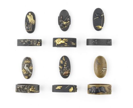 Six fuchi-gashira (hilt collars and pommels)Edo period (1615-1868), 18th to 19th centuryThree of shakudo nanako, one of shibu