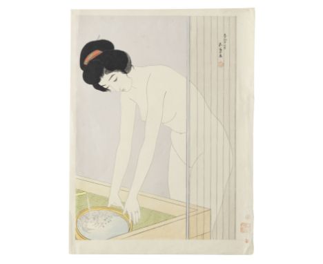 Hashiguchi Goyo (1880-1921)Showa era (1926-1989), circa 1950A large tate-e print of Kao o arau onna (A Woman Washing Her Face