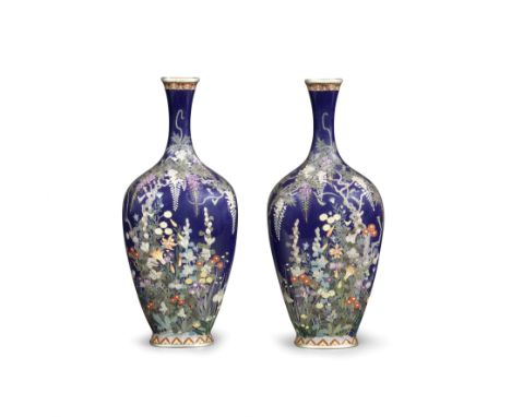 A pair of cloisonné-enamel slender rectangular baluster vasesMeiji era (1868-1912), late 19th/early 20th centuryEach vase fin