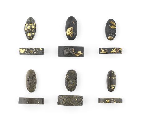 Six fuchi-gashira (hilt collars and pommels)Edo period (1615-1868), 18th to 19th centuryThree of shibuichi and two of shakudo