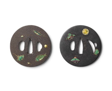 Two iron and cloisonné-enamel tsuba (sword guards)Edo period (1615-1868), 19th centuryBoth iron, circular, the first with bol