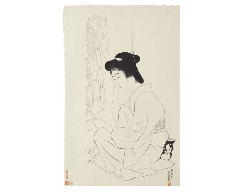 Hashiguchi Goyo (1880-1921)Showa era (1926-1989), circa 1950A large tate-e keyblock proof print of Futokoro kagami  (A Pocket