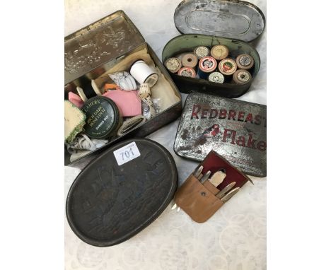 Collection of 5 old Vintage tins. 1 with puzzle pieces (A/F) and 1 with yarn. Also vintage pouch with manicure set and Gemini