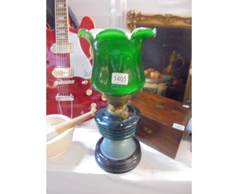 An Edwardian oil lamp with glass font, COLLECT ONLY.