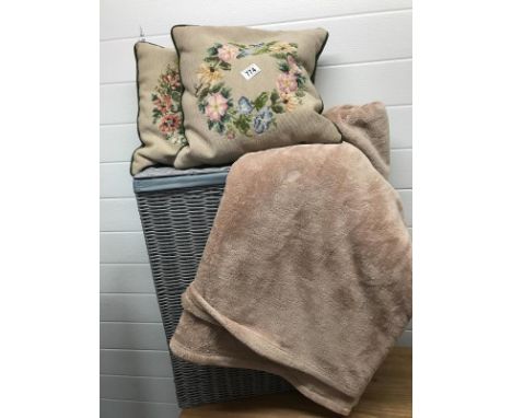 Grey Linen basket with 2 tapestry cushion and a brown throw