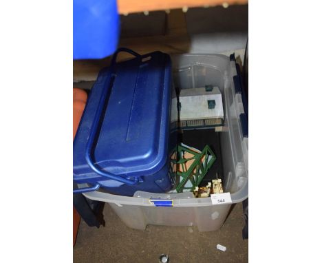 Box of various model train pieces to include buildings etc