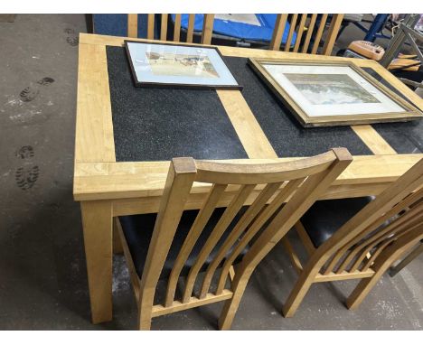 Pine dining table with marble insets and four ladder back chairs