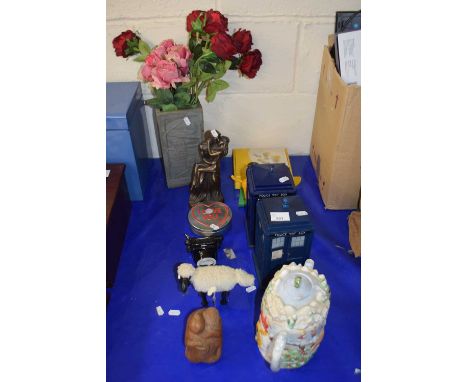 A quantity of mixed assorted decorative items to include two models of Dr Who Tardis, Shaun the Sheep etc