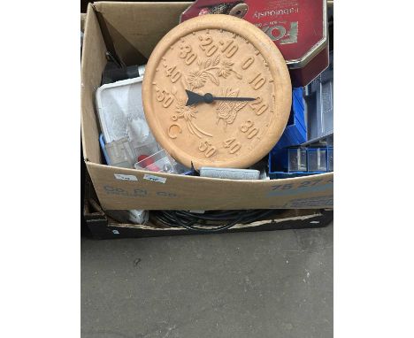 One box of mixed items to include wall thermometer, foot pump, garage clearance items etc