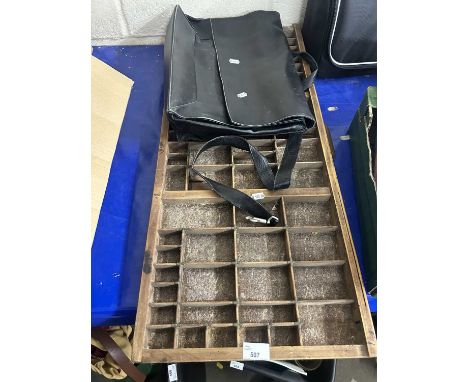 A leather briefcase/satchel together with wall hanging dividing tray etc
