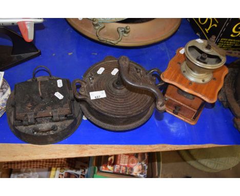 Vintage cast iron waffle maker and cast iron butter churner and coffee grinder etc