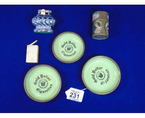 3 GOLDEN DOLLAR CIGARETTE ASHTRAYS,VINTAGE MATCH HOLDER, VESTA & LIGHTER