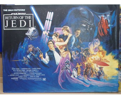 STAR WARS RETURN OF THE JEDI British quad movie poster, edges frayed, 76 x 101cm and STAR WARS 3 IN ONE PROGRAMME poster, 75 
