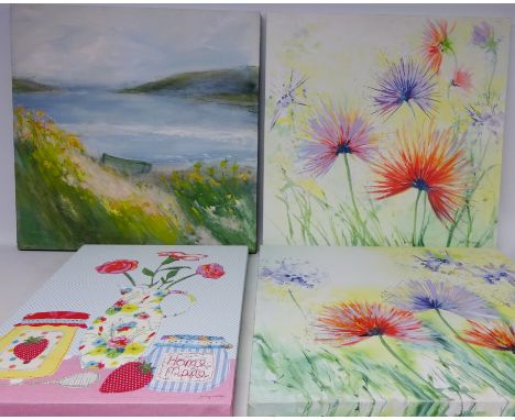  'Fresh Blooms I & II', two canvas prints mounted onto board after Judi Trevarrow 60cm x 60cm, 'White Blossom', canvas print 