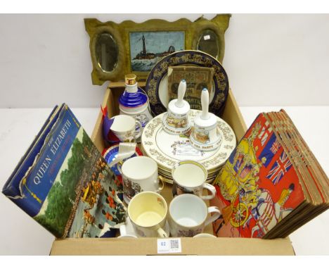Commemorative ware - Aynsley plates, Royal Worcester and other mugs, Coronation scrap books etc and a Victorian wall hanging,