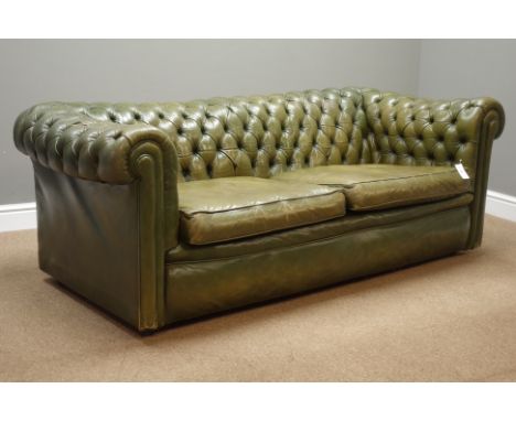 Chesterfield three seat sofa upholstered in buttoned green leather, W183cm   Condition Report   Click here for further images