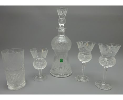 Edinburgh crystal 'Thistle' pattern decanter, pair of wine glasses, liquor glass & highball (5) Condition Report Some very li