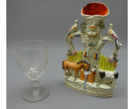 19th century Masonic glass rummer and a Victorian Staffordshire flat-back spill vase depicting a horse and cow drinking from 