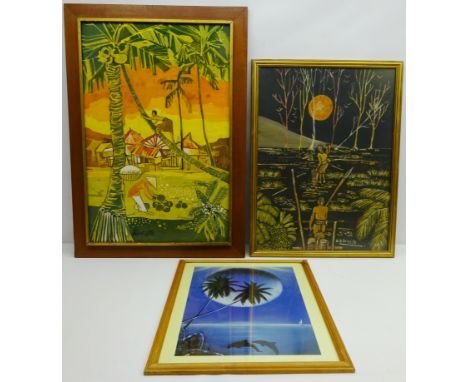 Figures Hunting and Collecting Coconuts, two 20th century batiks indistinctly signed and one other screen print max 74.5cm x 