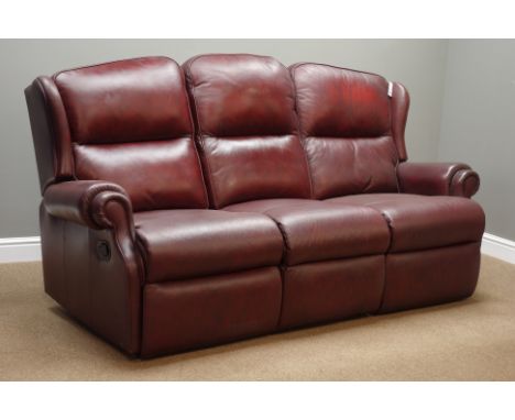 'Sherborne' three seat reclining sofa (W205cm), reclining armchair and standard wing chair, upholstered in oxblood leather Co