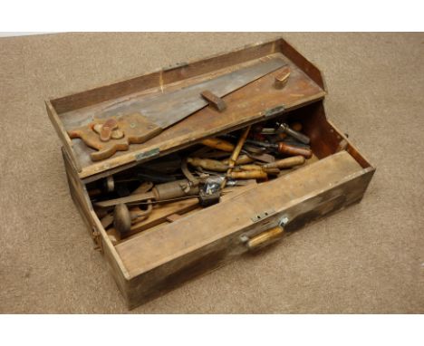 Early 20th century pine joiners tool box with various tools, W74cm    Condition Report   Click here for further images, condi